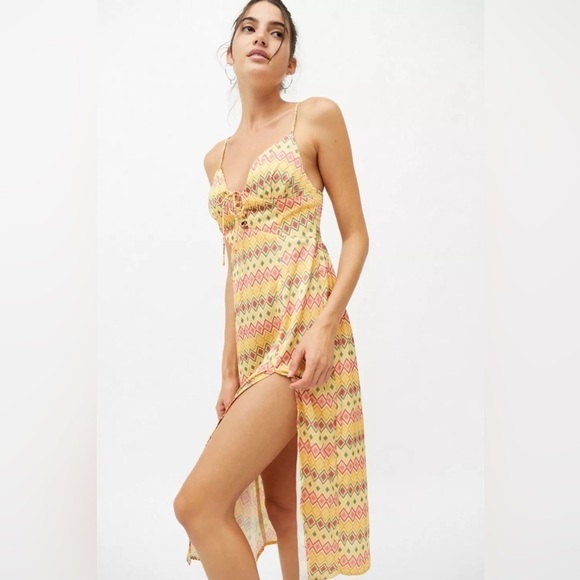 Urban Outfitters Mariah Lace Up Yellow Print Midi Slip Dress Size S - Picture 4 of 10